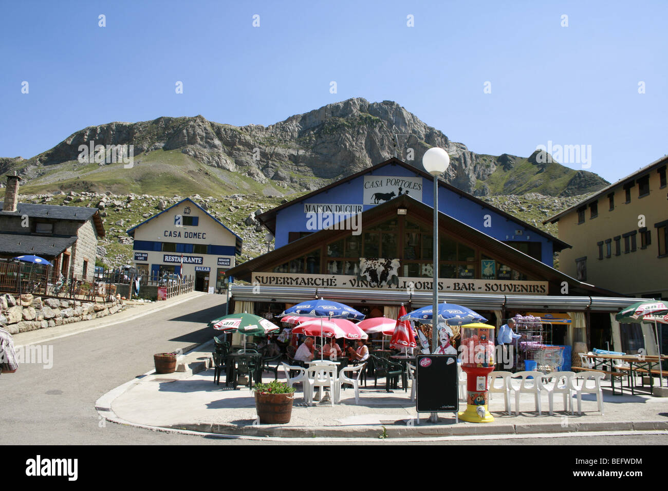 Cafes and shops in the Spanish side of the Col du Pourtalet, at the border between France and Spain Stock Photo