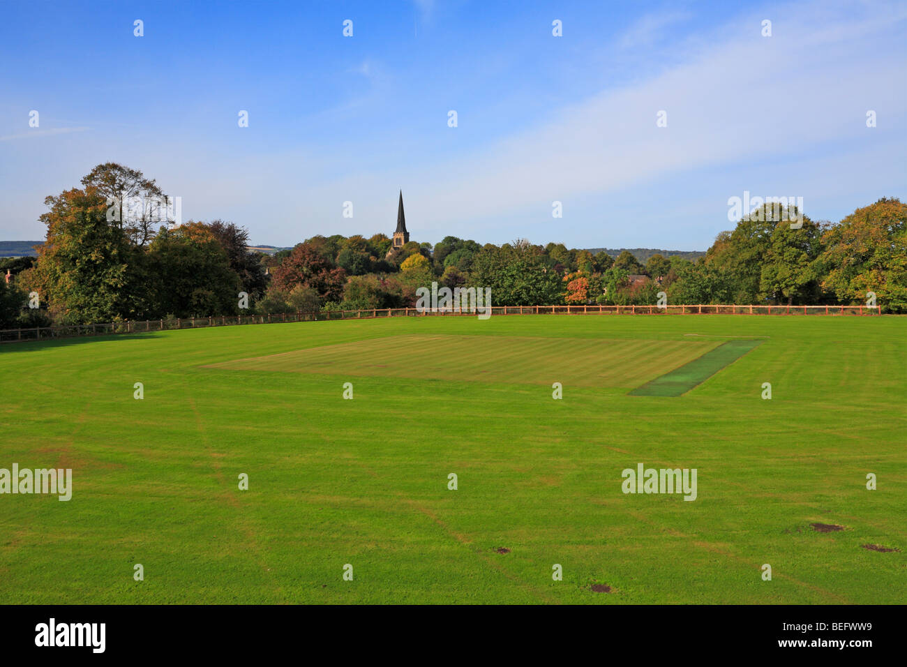 The cricket pitch towards Holy Trinity Church, Wentworth, Rotherham, South Yorkshire, England UK. Stock Photo