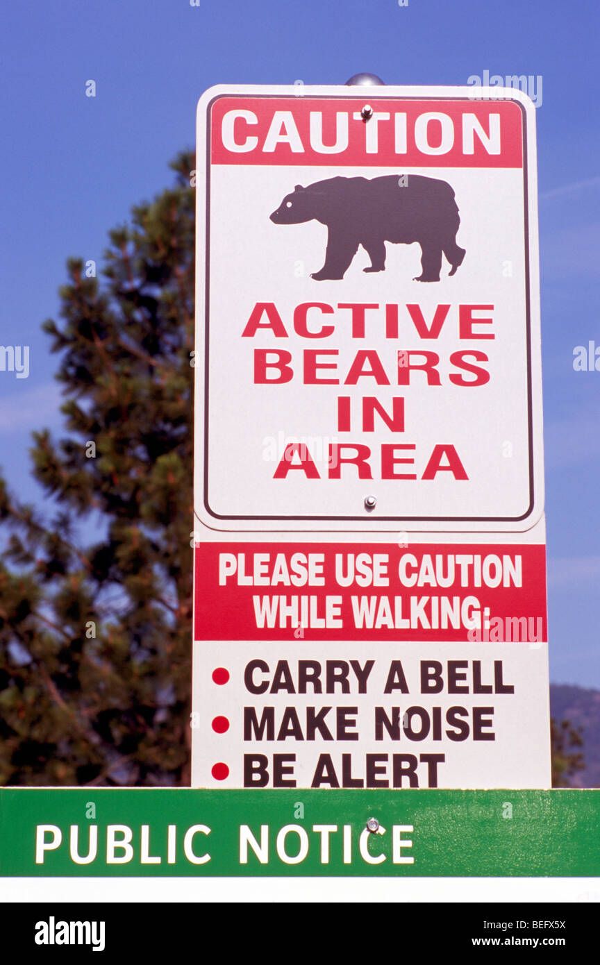 Bear Warning Sign, Caution Signs - Active Bears in Area, Danger Alert, Public Notice Stock Photo
