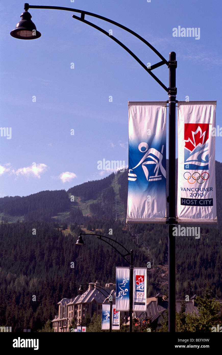 Street Banners announcing 2010 Winter Olympics, Olympic Games in Vancouver and Whistler, BC, British Columbia, Canada Stock Photo