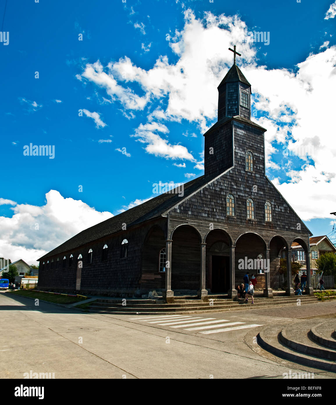 Achao Church, Chilota architecture,  unique architectural phenomenon in the Americas Stock Photo