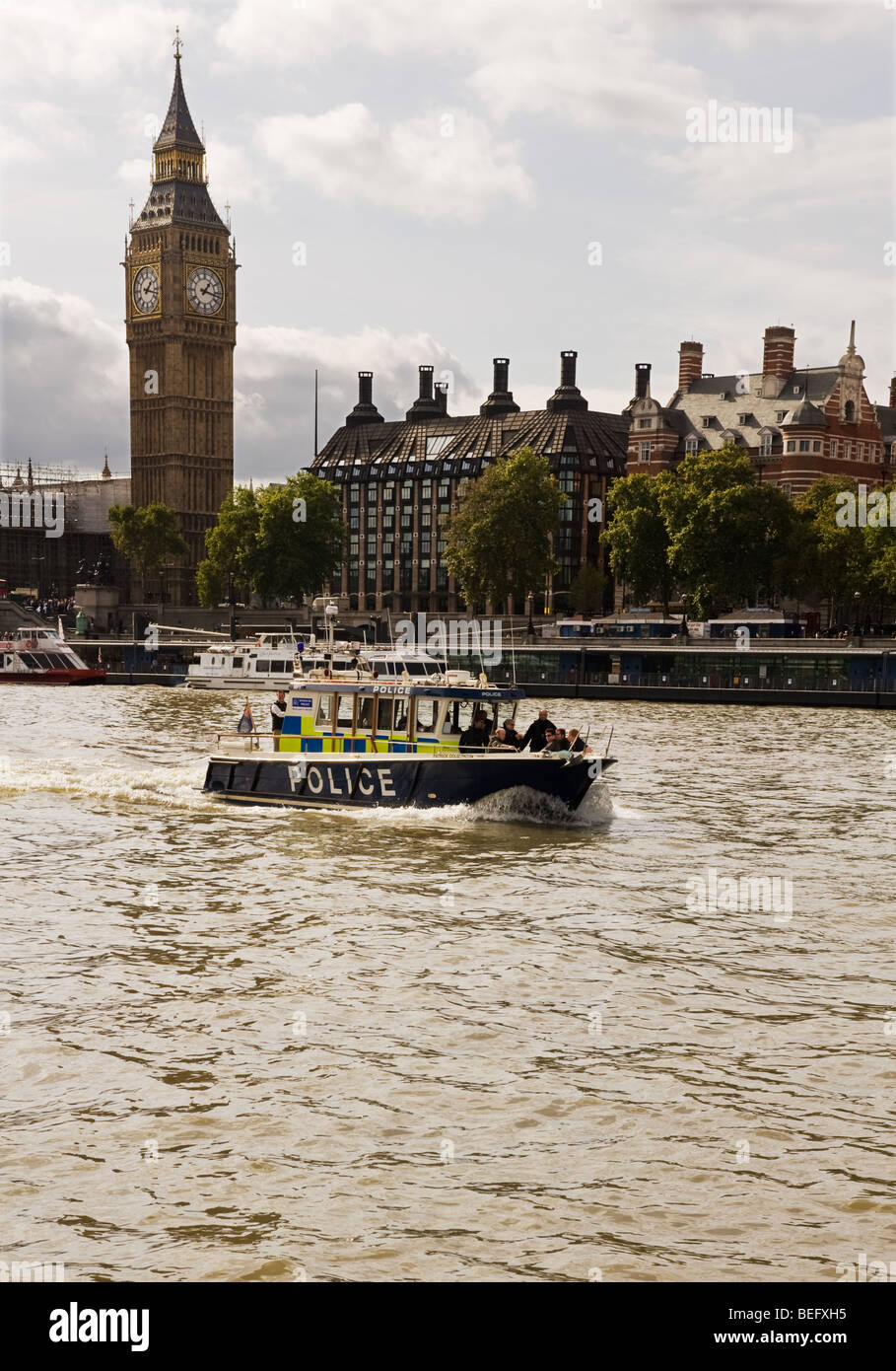 A Thames River Police patrol boat on the River Thames near Westminster in London. Stock Photo