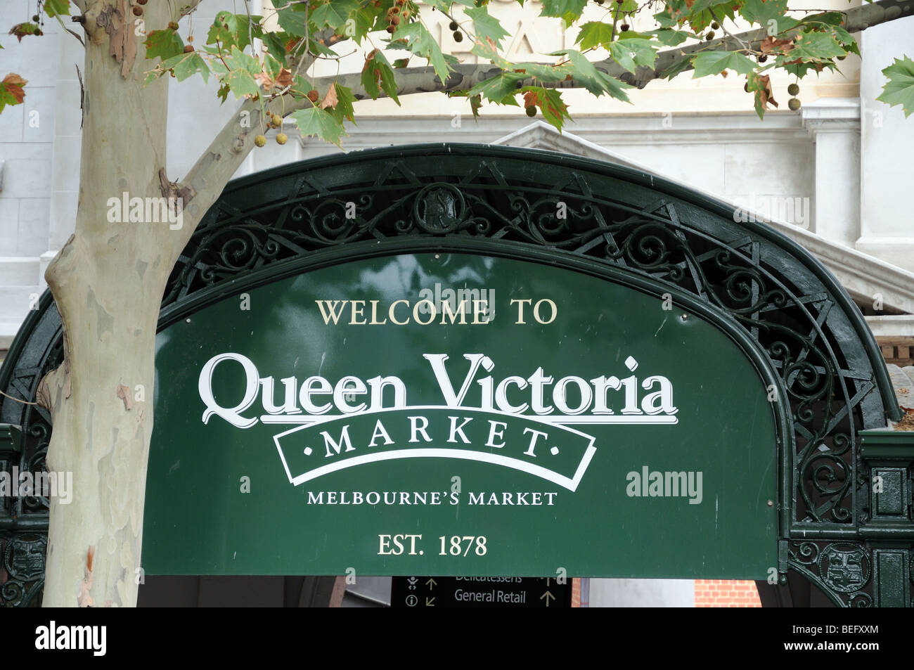 Sign at entrance to Victoria Market Melbourne Australia reading Welcome to Queen Victoria Market Stock Photo