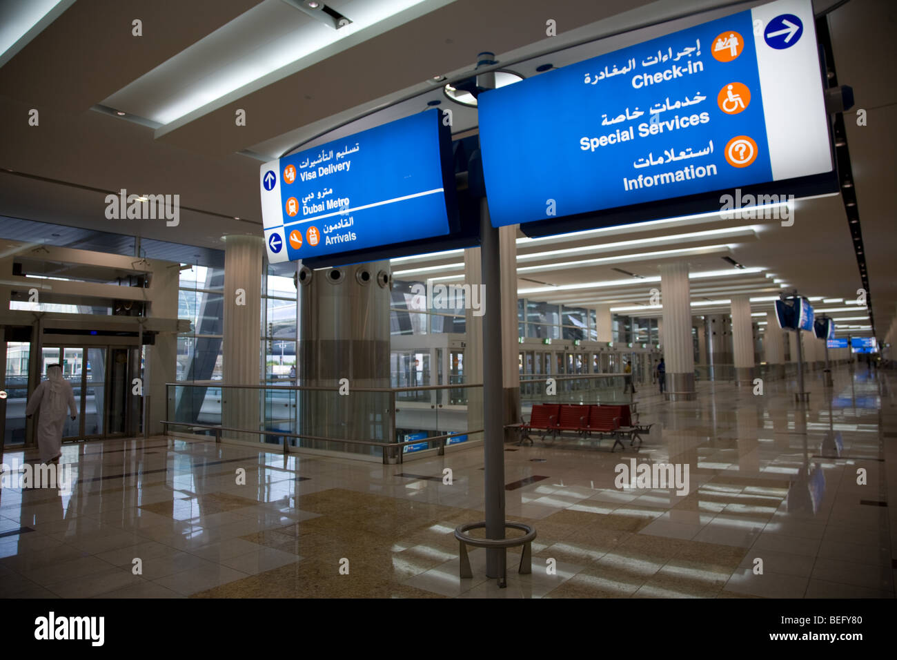 Dubai Airport terminal three departures level sign Stock Photo