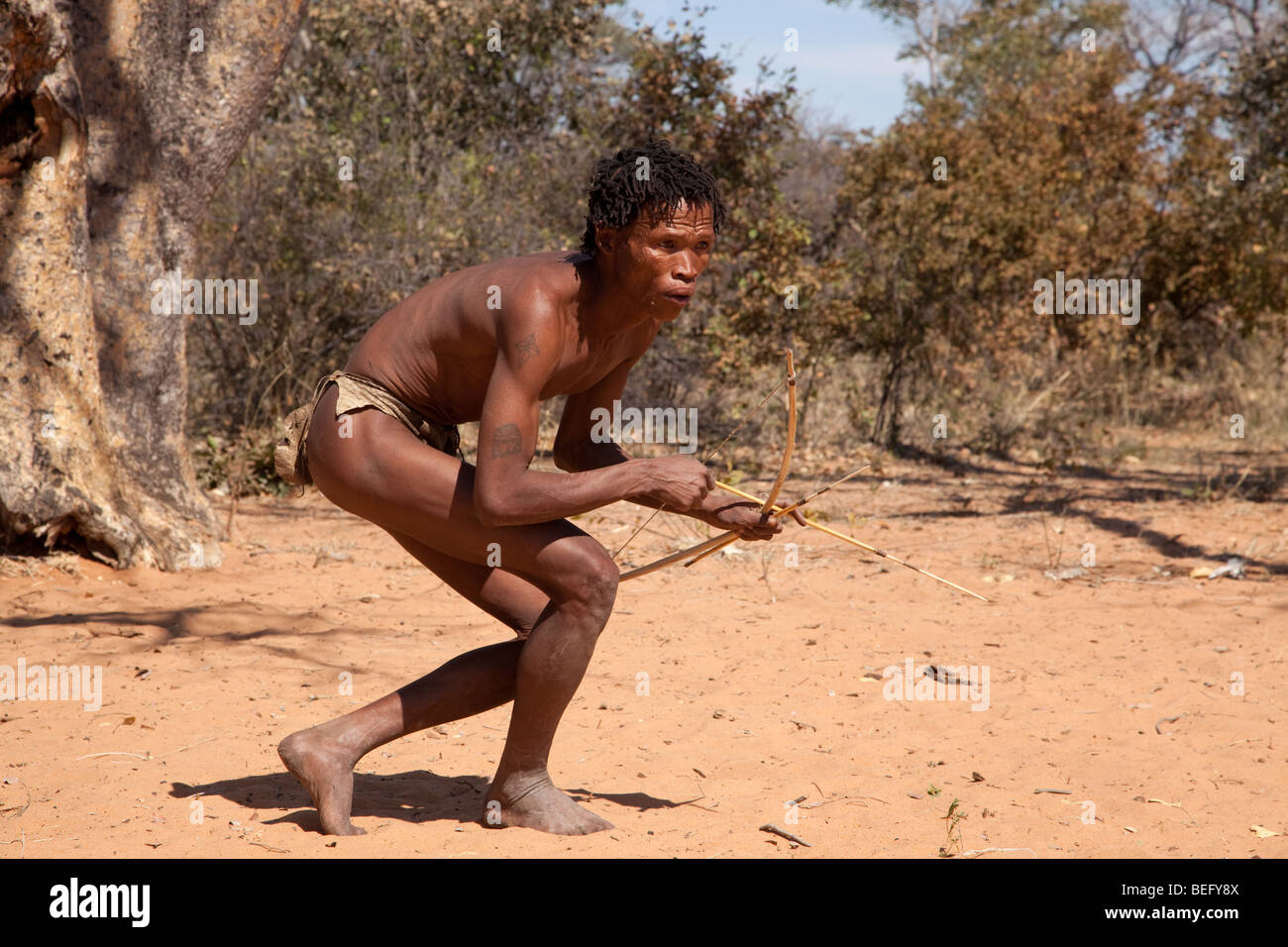 San village in Namiba on the edge of the Kalahari desert. A San hunter with bow and arrow. Stock Photo