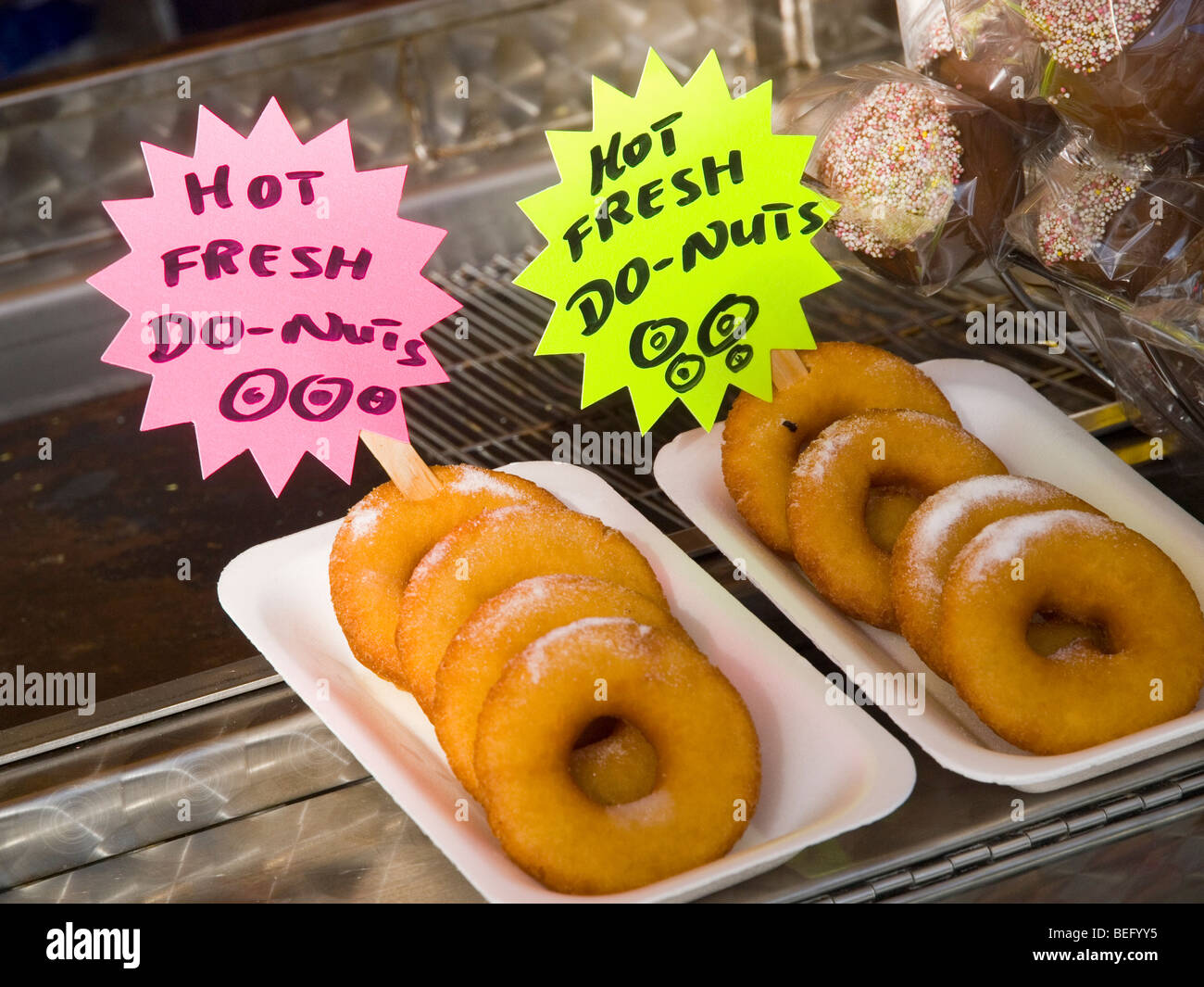 Hot fresh donuts at the Goose Fair in Nottingham, Nottinghamshire