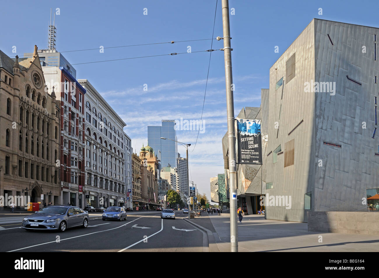 Flinders Street Melbourne Australia with Australian Centre for the Moving Image on the right and Forum Theatre on left Stock Photo