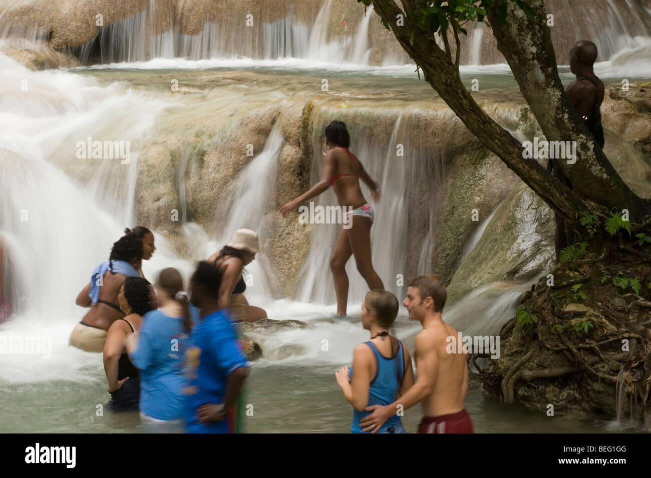 group of tourists, Dunn's River Falls, Jamaica, Caribbean Stock Photo