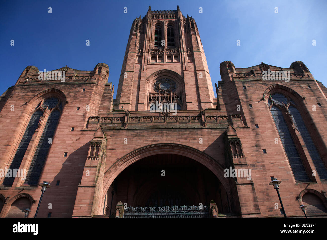 the Cathedral Church of Christ arch and vestey tower belltower Liverpool Anglican Cathedral Merseyside England UK Stock Photo