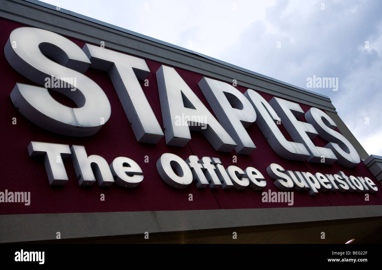 Staples office superstore sign. An American multinational office