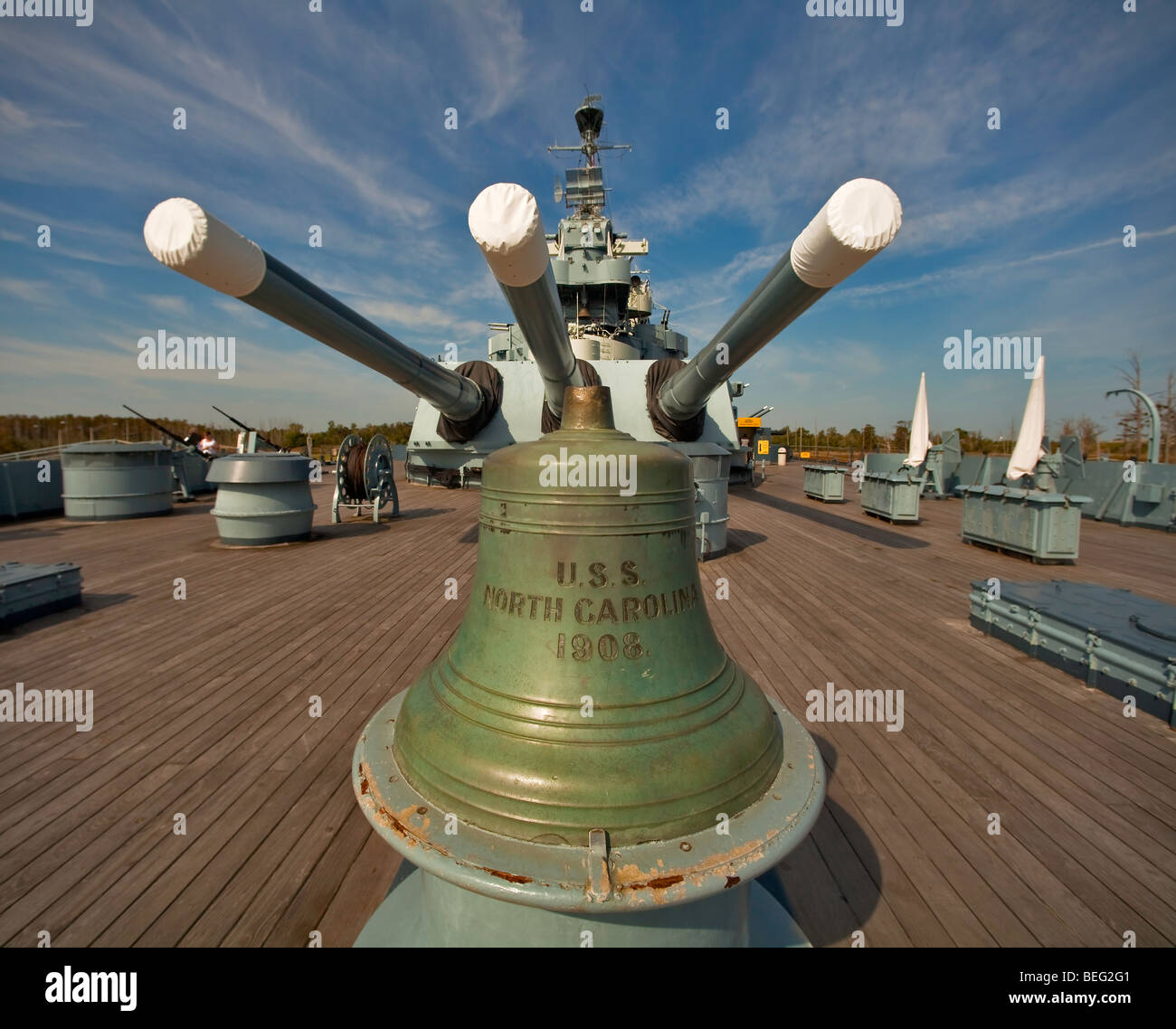 The bell of another Battleship USS North Carolina on deck of the WWII battleship of the same name Stock Photo
