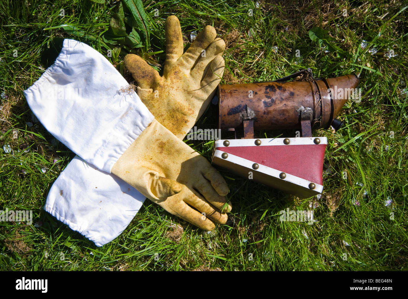 Bee keeper gloves and smoker in an orchard, Sandford. North Somerset, England. Stock Photo