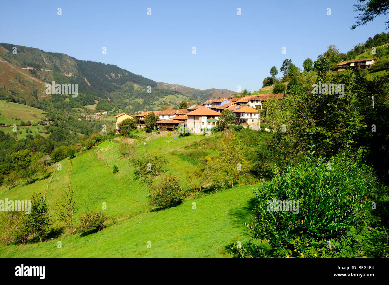 Traditional rural town of El Fresnedal in Asturias, Spain. Stock Photo