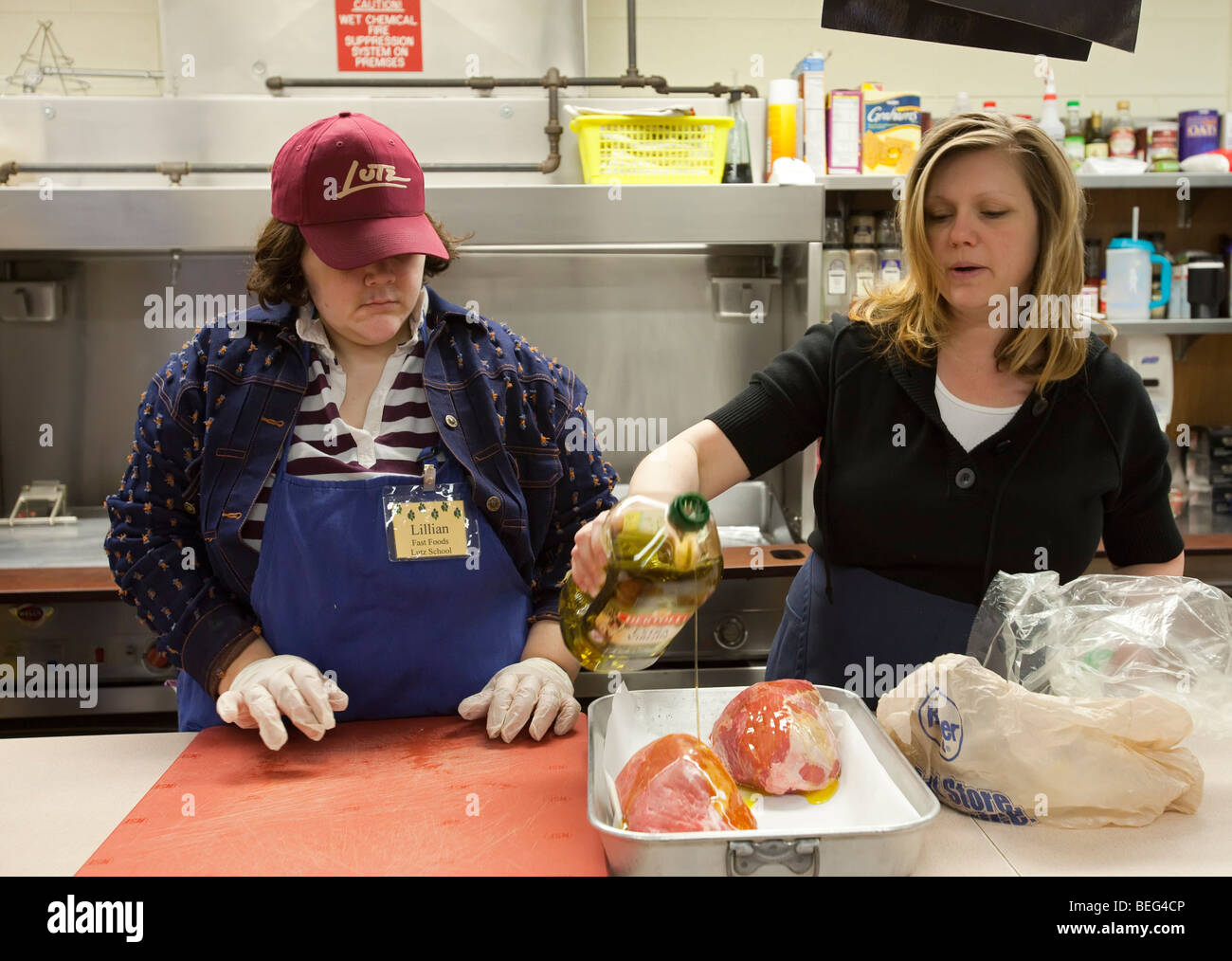 Developmentally Disabled Students in Food Preparation Class at Public