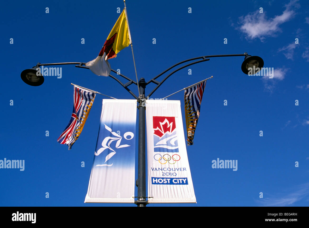 Street Banners announcing 2010 Winter Olympics, Olympic Games in Vancouver and Whistler, BC, British Columbia, Canada Stock Photo
