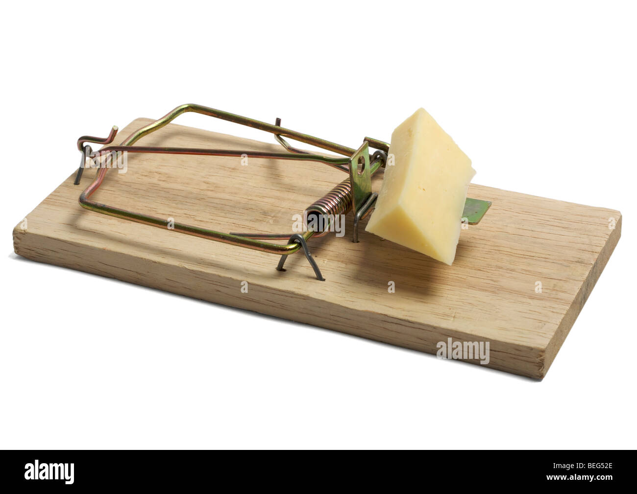 Mouse trap with cheese on white background Stock Photo