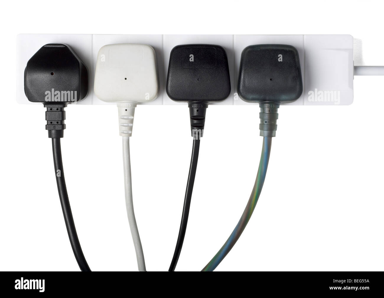 4 way extension lead on white background Stock Photo