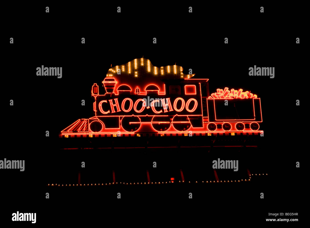 Chattanooga Choo Choo neon sign at night, Chattanooga Choo Choo Hotel, Chattanooga, Tennessee TN, USA Stock Photo