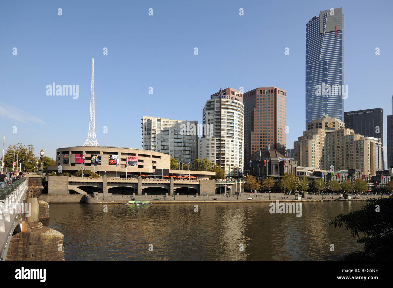 Yarra River Southbank promenade high rise skyscraper buildings seen from Princes Bridge Melbourne Australia Stock Photo