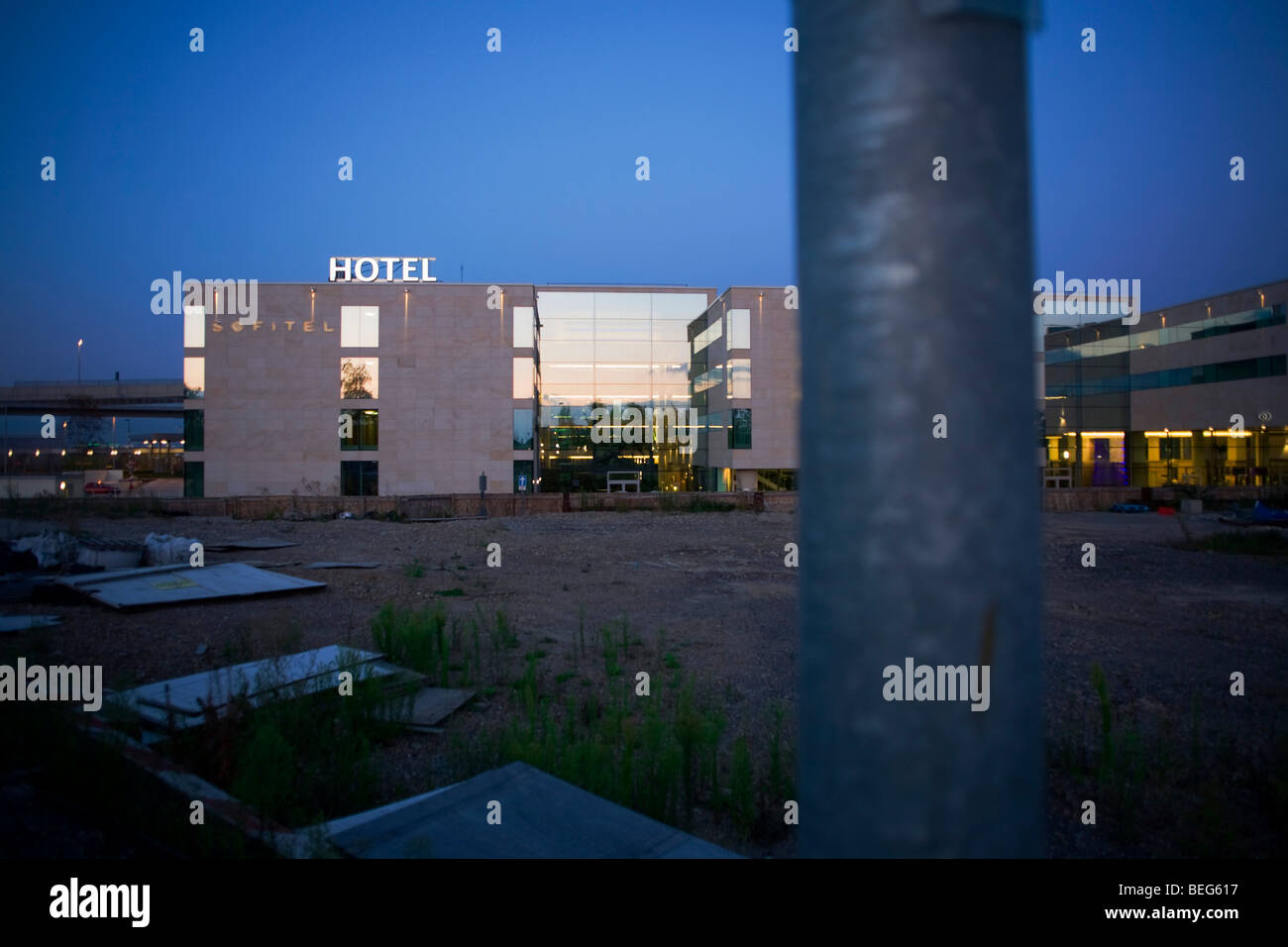 An exterior dusk view of the Heathrow terminal 5 hotel Sofitel showing