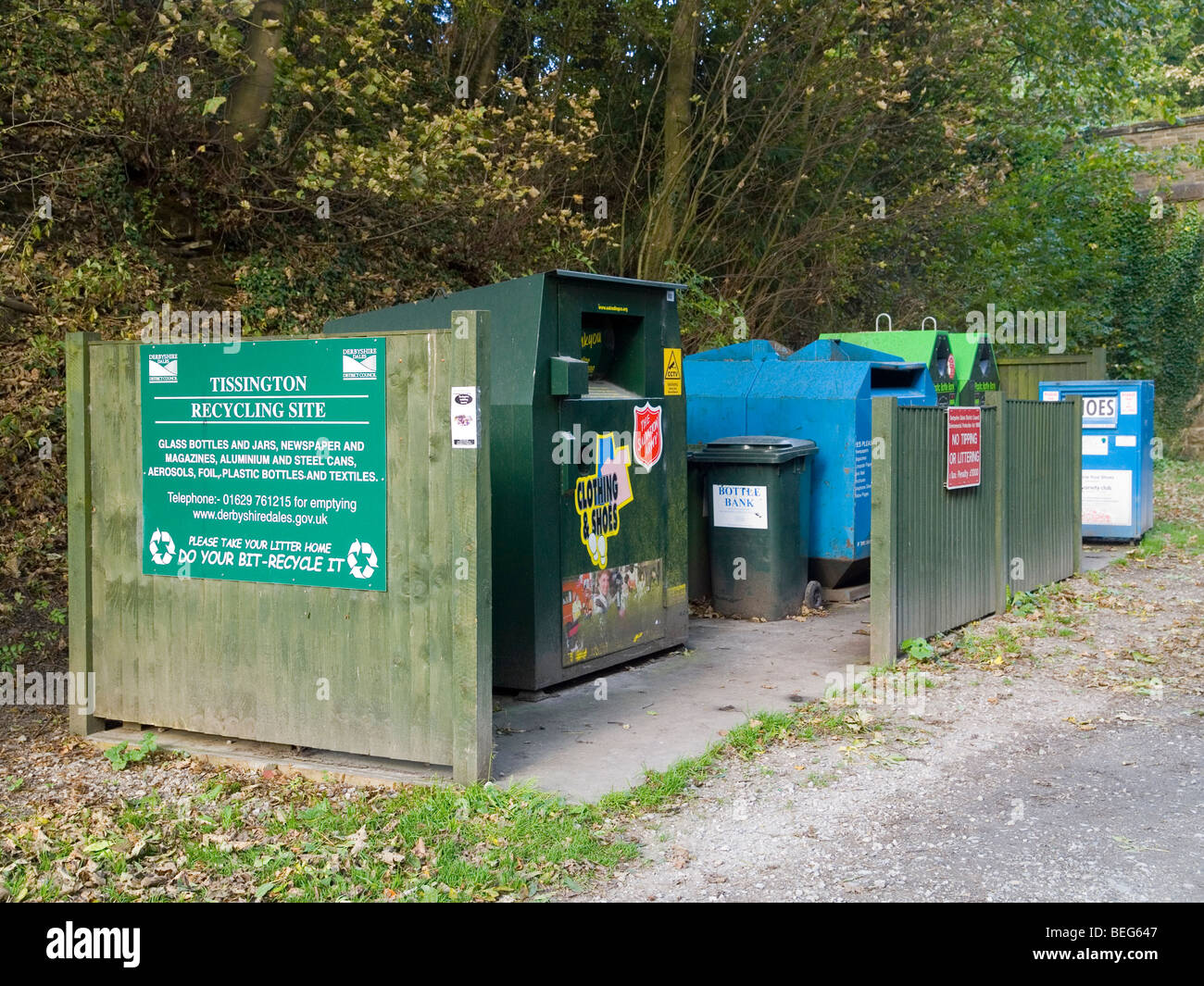 A recycling center in the car park in Tissington Village, Derbyshire