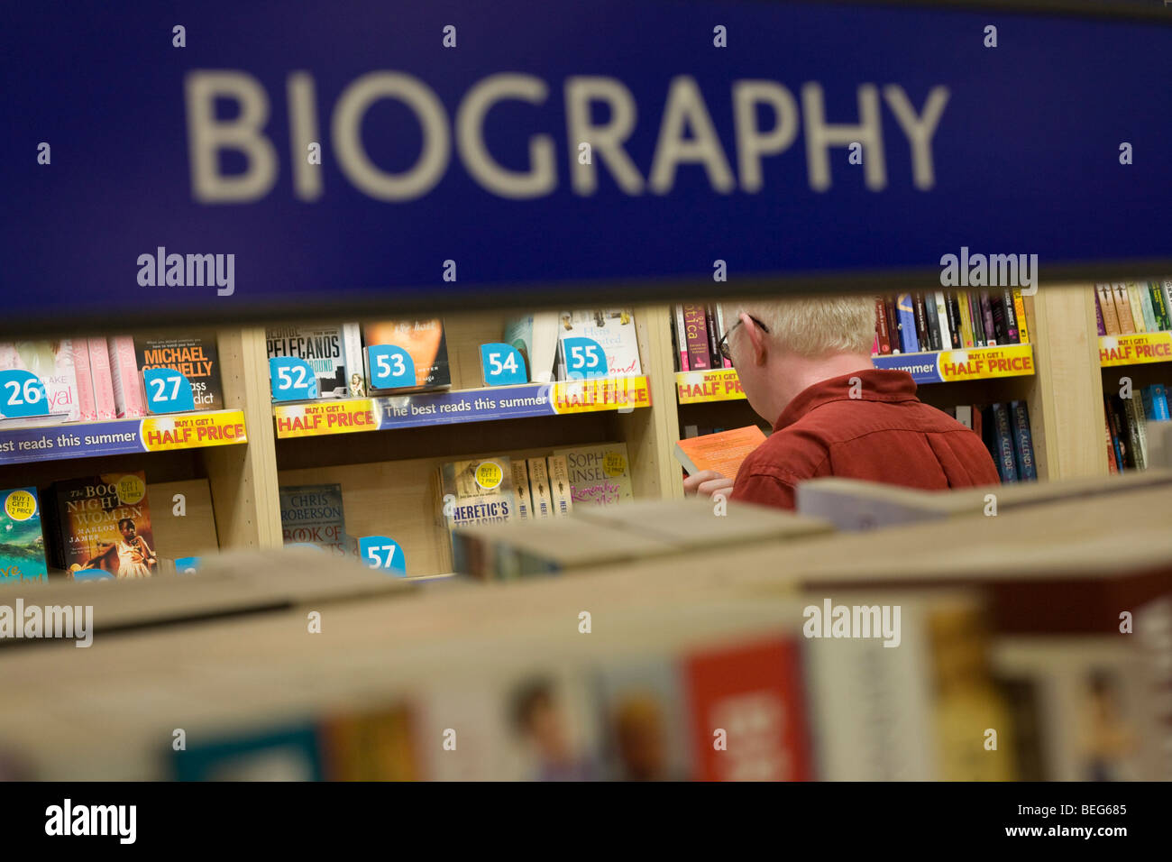 WH Smiths biographical literature on sale in departures shopping area of Heathrow airport's Terminal 5. Stock Photo