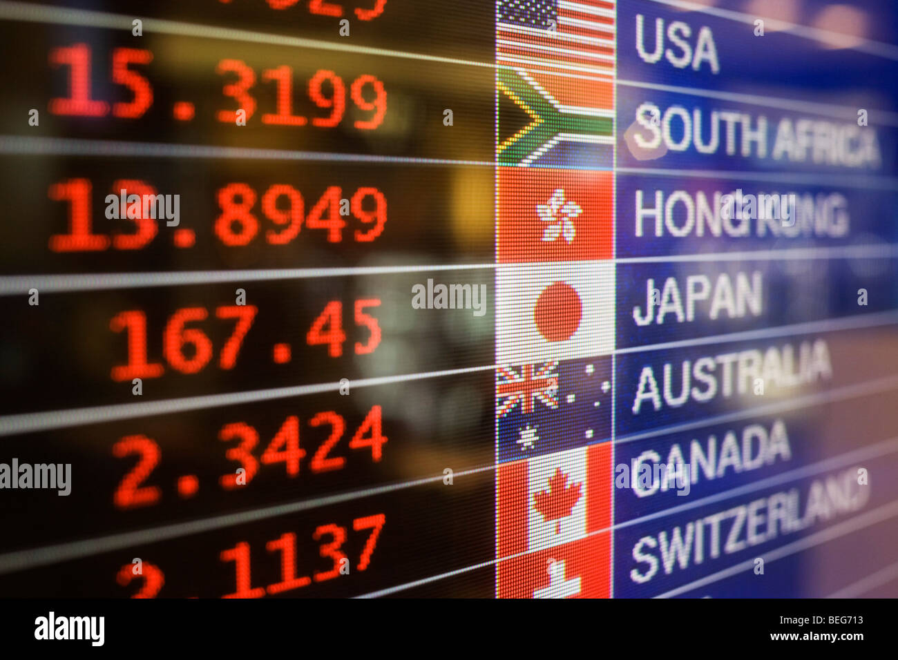 Money retailer Travelex foreign currency rates displayed at Heathrow's Terminal 5. Stock Photo