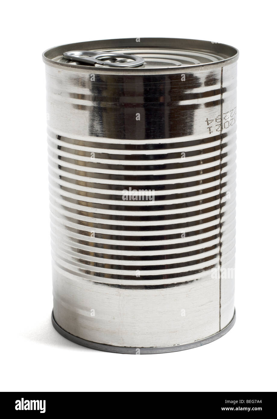 Steel food tin can on white background Stock Photo
