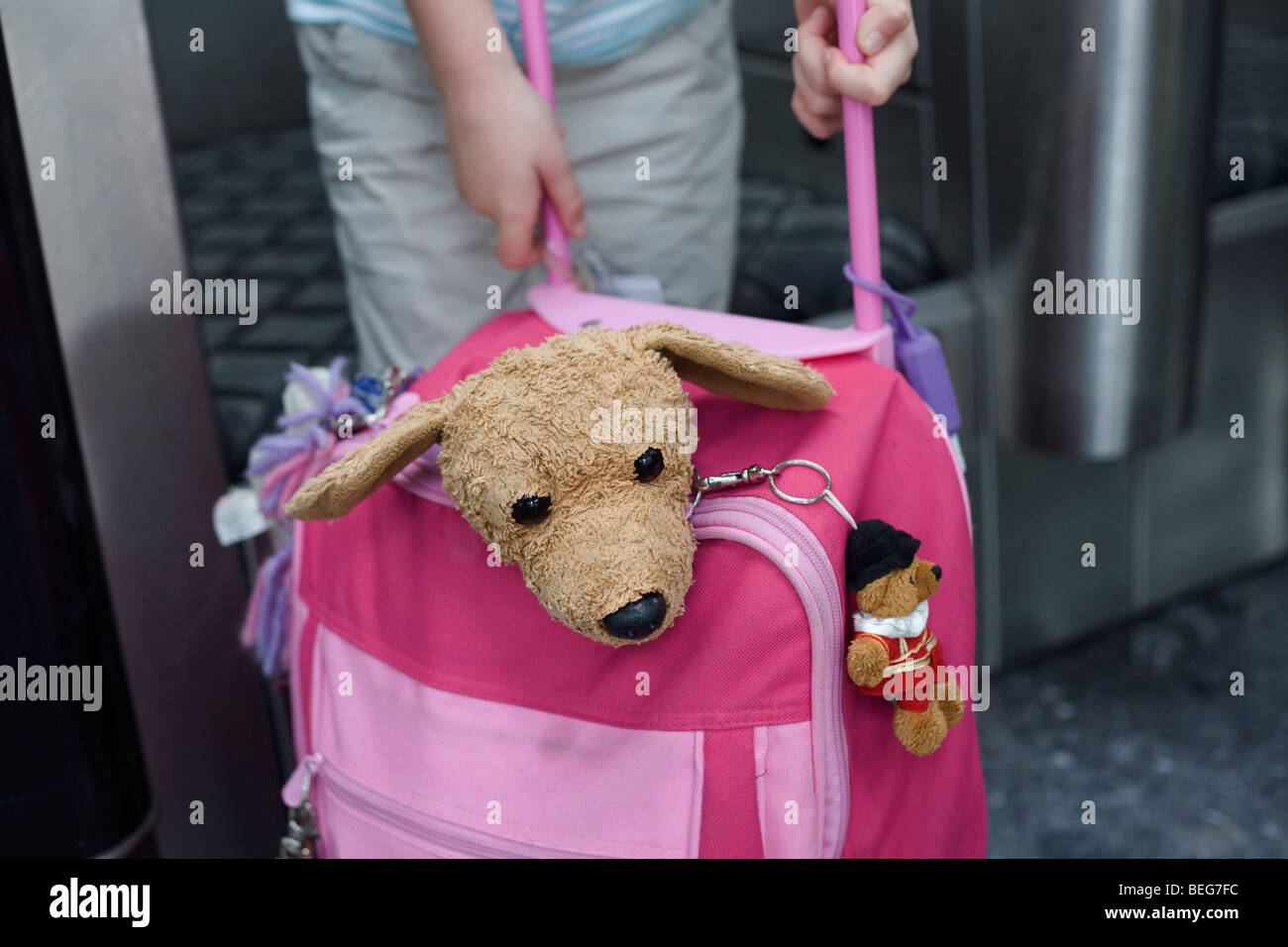 Childrens' toy dog and pink baggage in check-in areas at Heathrow Airport's Terminal 5. Stock Photo