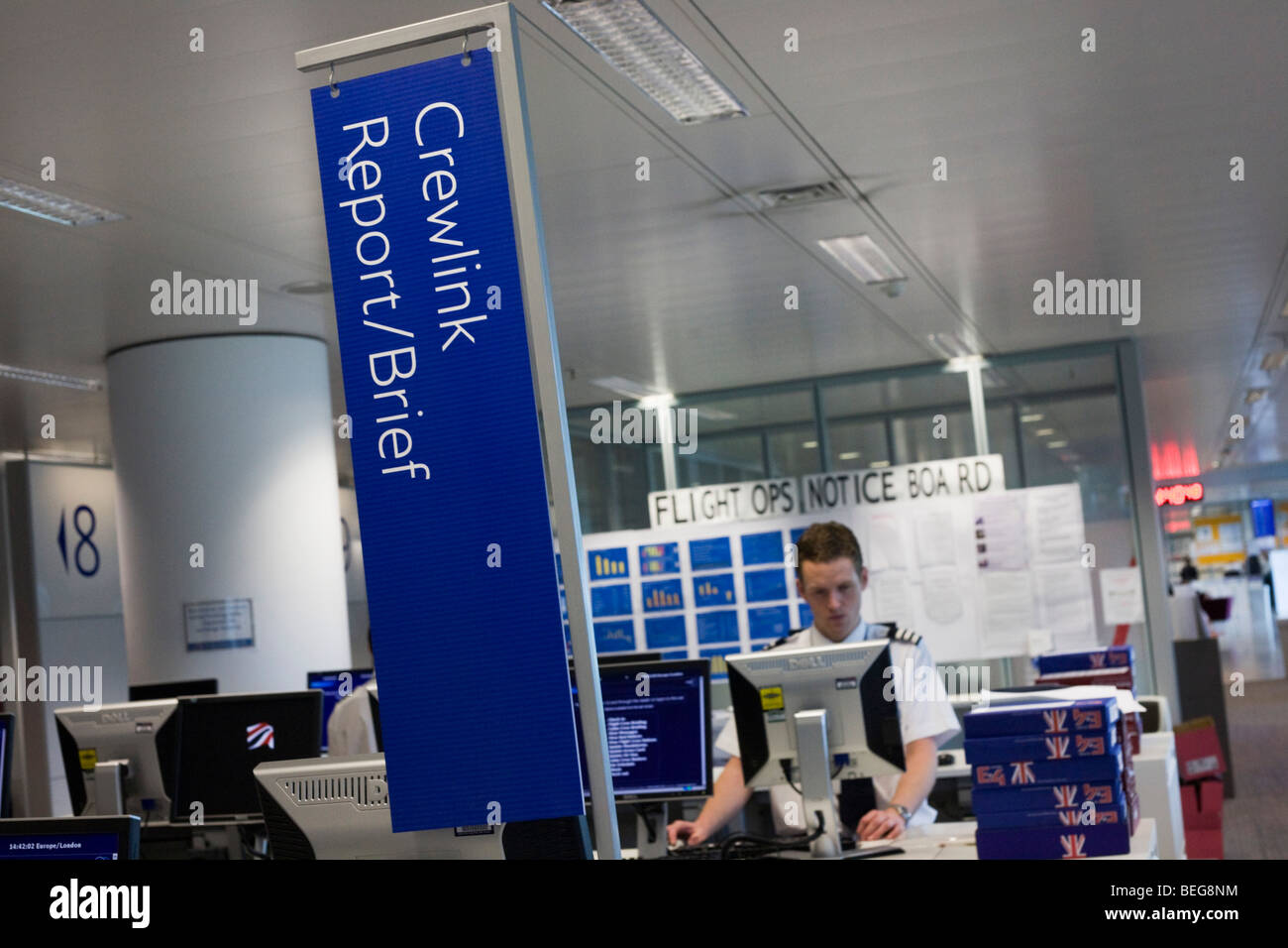 A pilot logs-on to access flight documents in the British Airways Crew ...