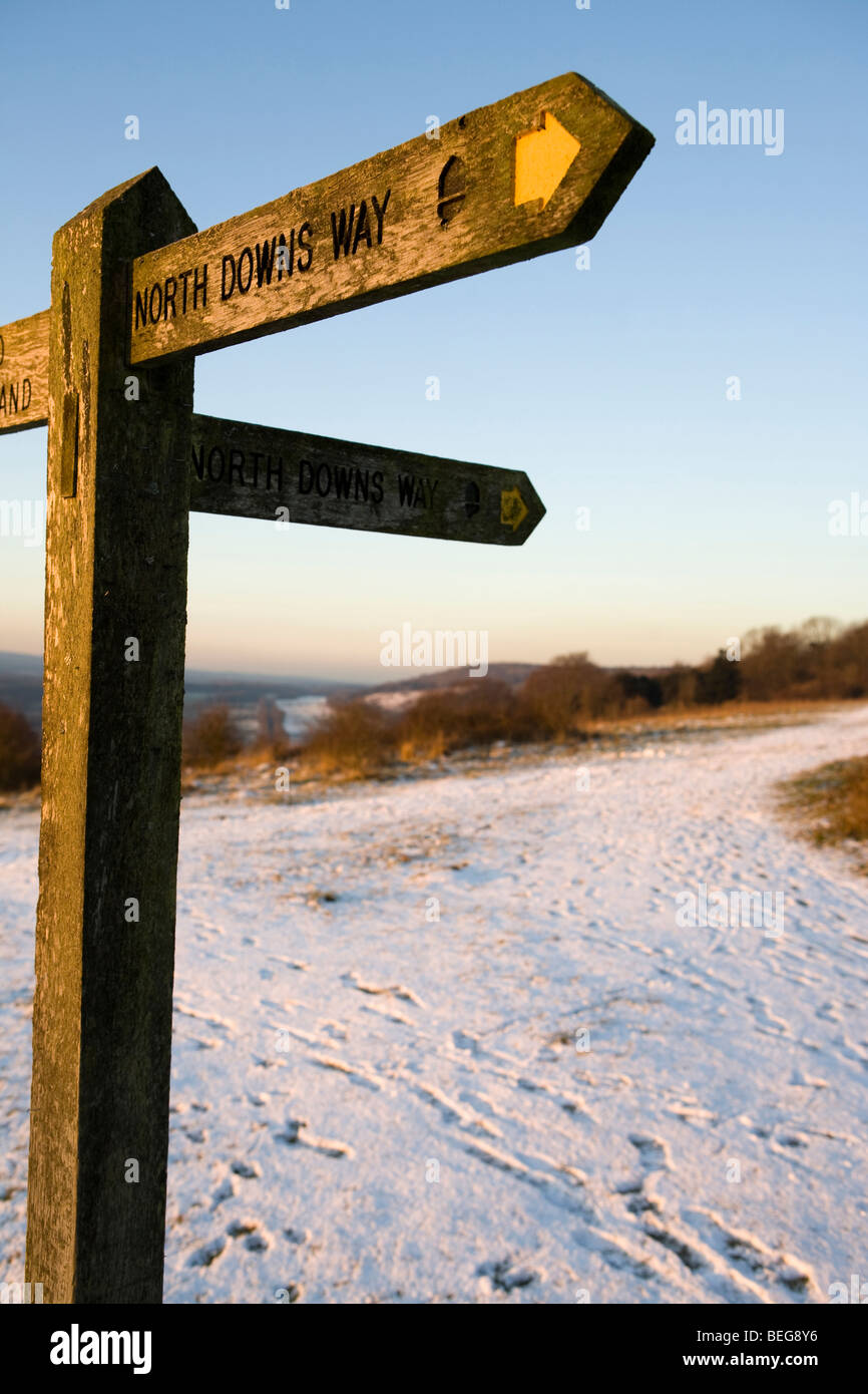 North downs way sign on Ranmore common north downs way on a frosty morning Stock Photo