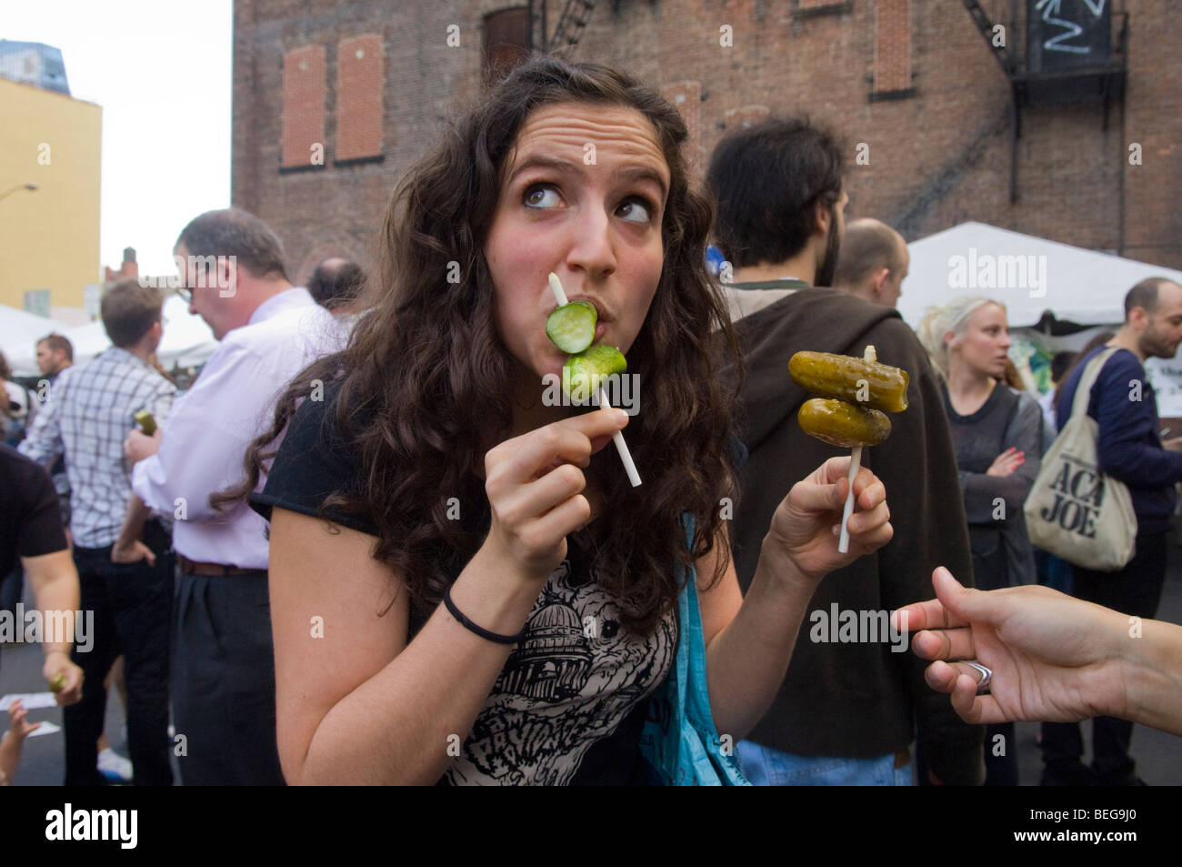 Pickle lovers flock to the Lower East Side in New York on Sunday, October 4, 2009 for the New York City International Pickle Day Stock Photo