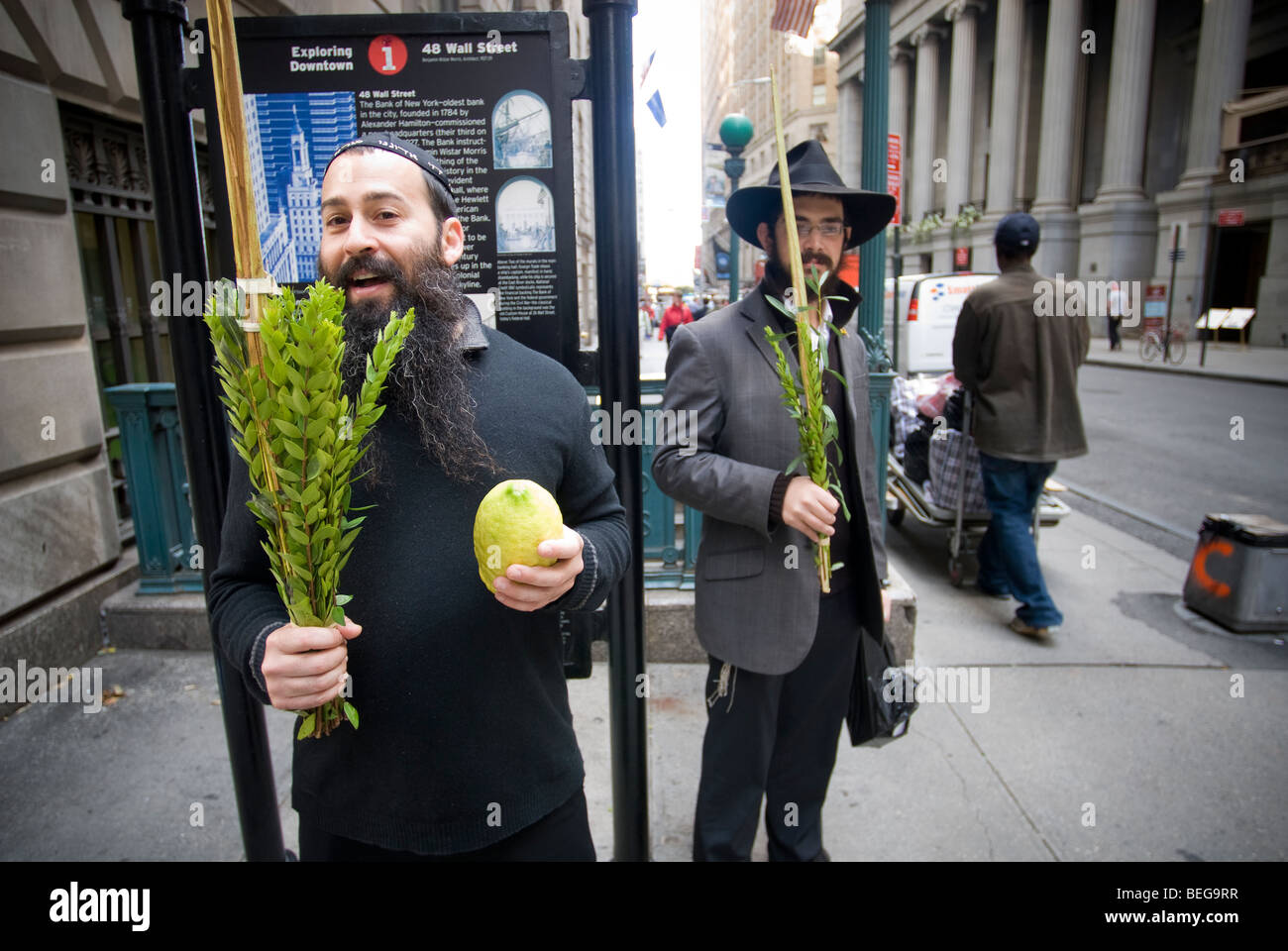 Two members of the Orthodox Jewish Lubavitcher sect, holding an etrog (citron) and lulav branch for Succoth Stock Photo
