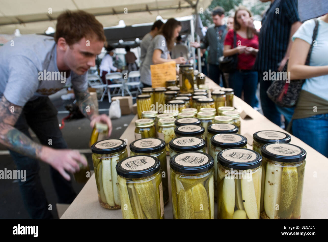 Jars of Brooklyn Brine pickles for sale on the Lower East Side in New