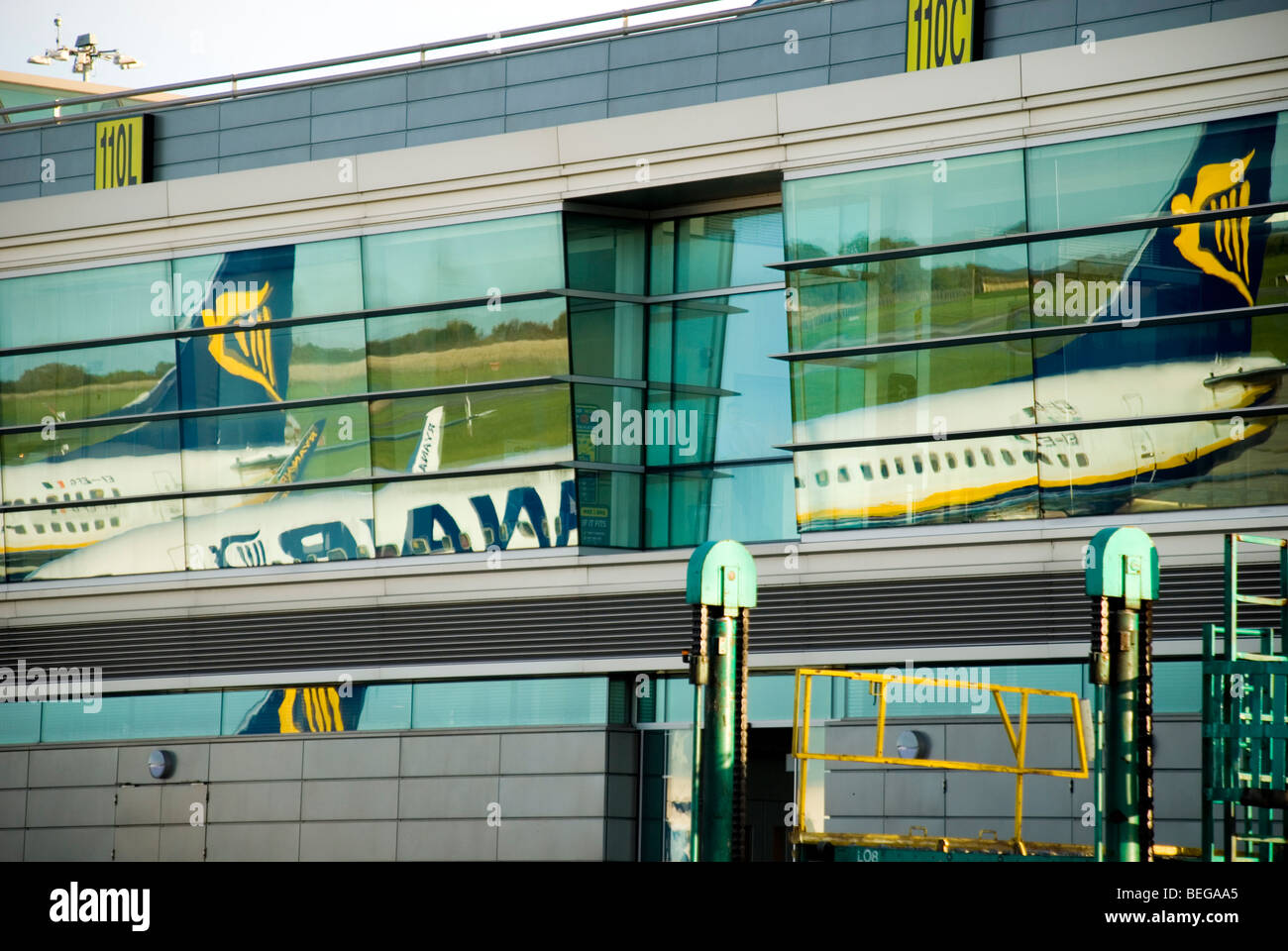 Reflections in the departure lounge windows Terminal One of Ryanair