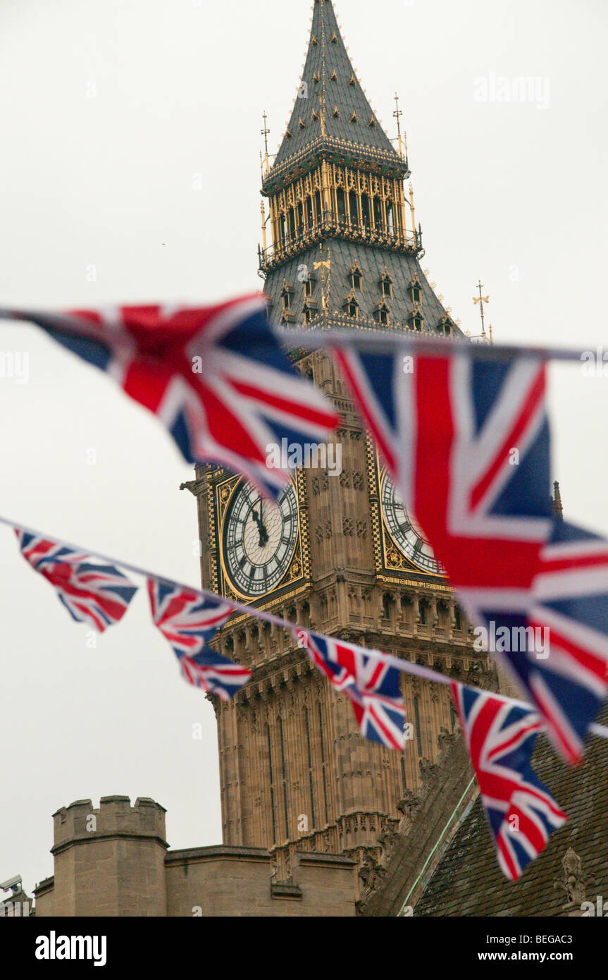 Union Flags (Union Jacks) and Big Ben, London New Year Parade