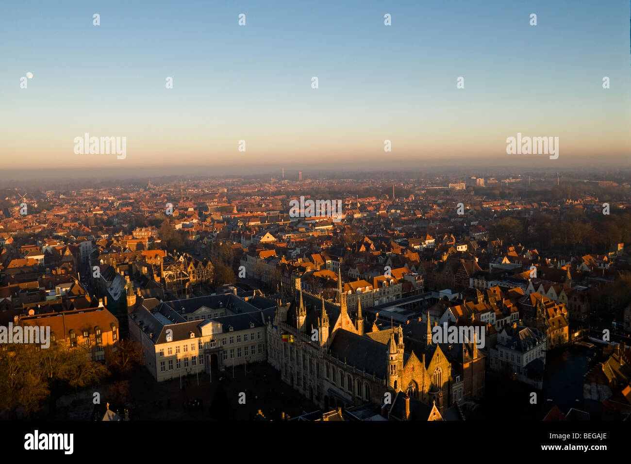 Panoramic view of Bruges as seen from Belford tower on a winter evening