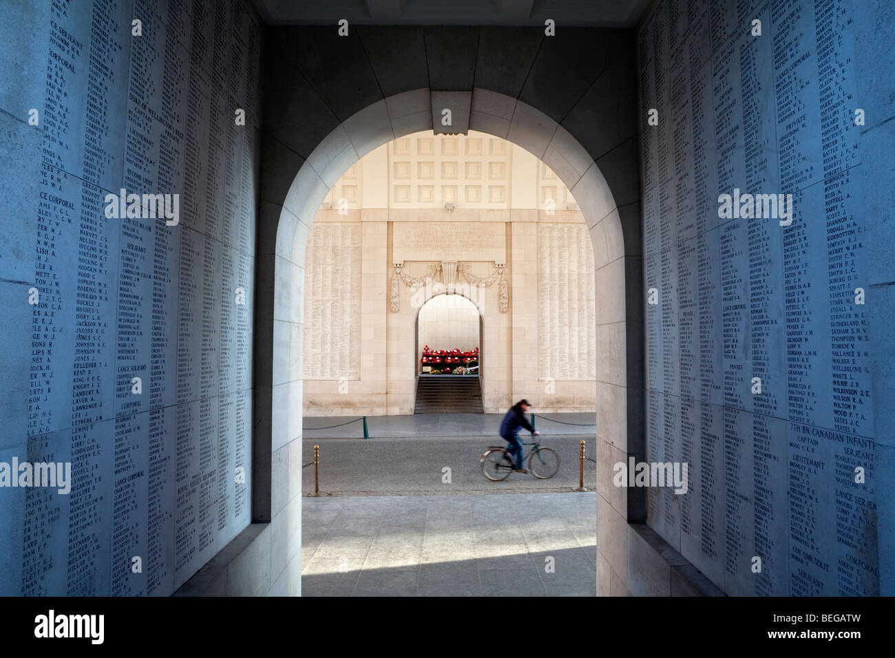 Menin Memorial Gate in Ypres, containing names of 54,896 Britons who died in World War 1 battles and with no known grave. Stock Photo