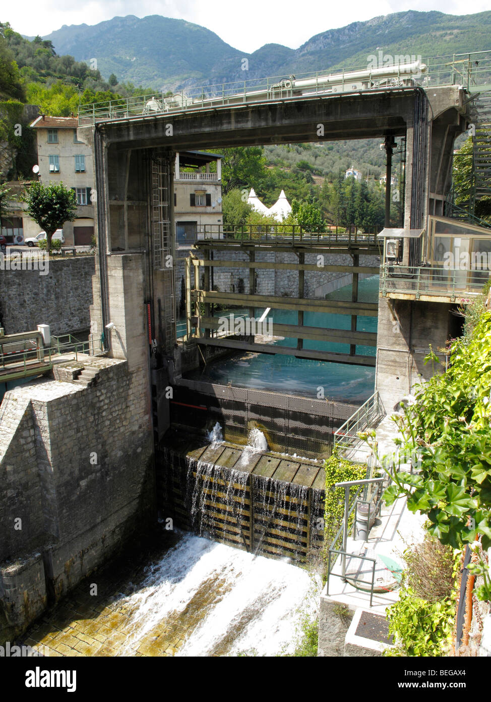 General view of the Barrage de Breil or Breil dam in mountain town