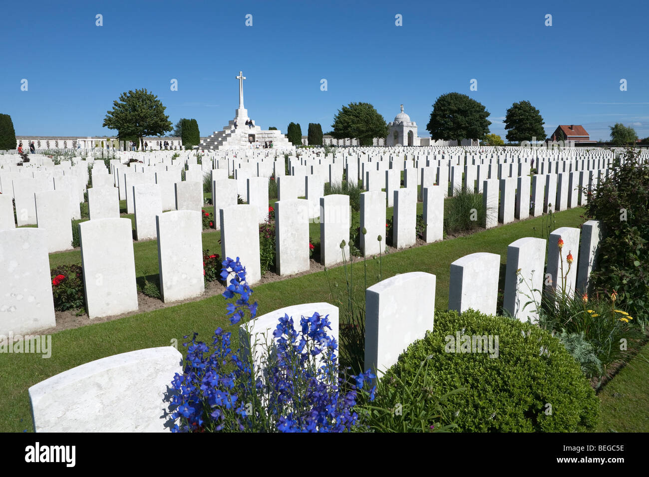 View over Tyne Cot Military Cemetery. First World War British cemetery with 11,856 white tombstones. Stock Photo