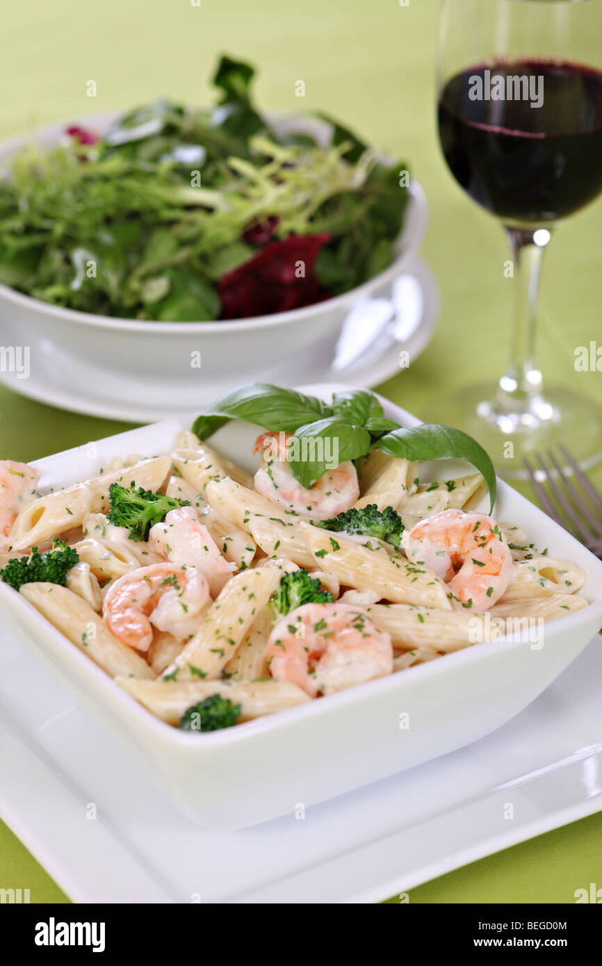 Alfredo pasta with shrimps Stock Photo