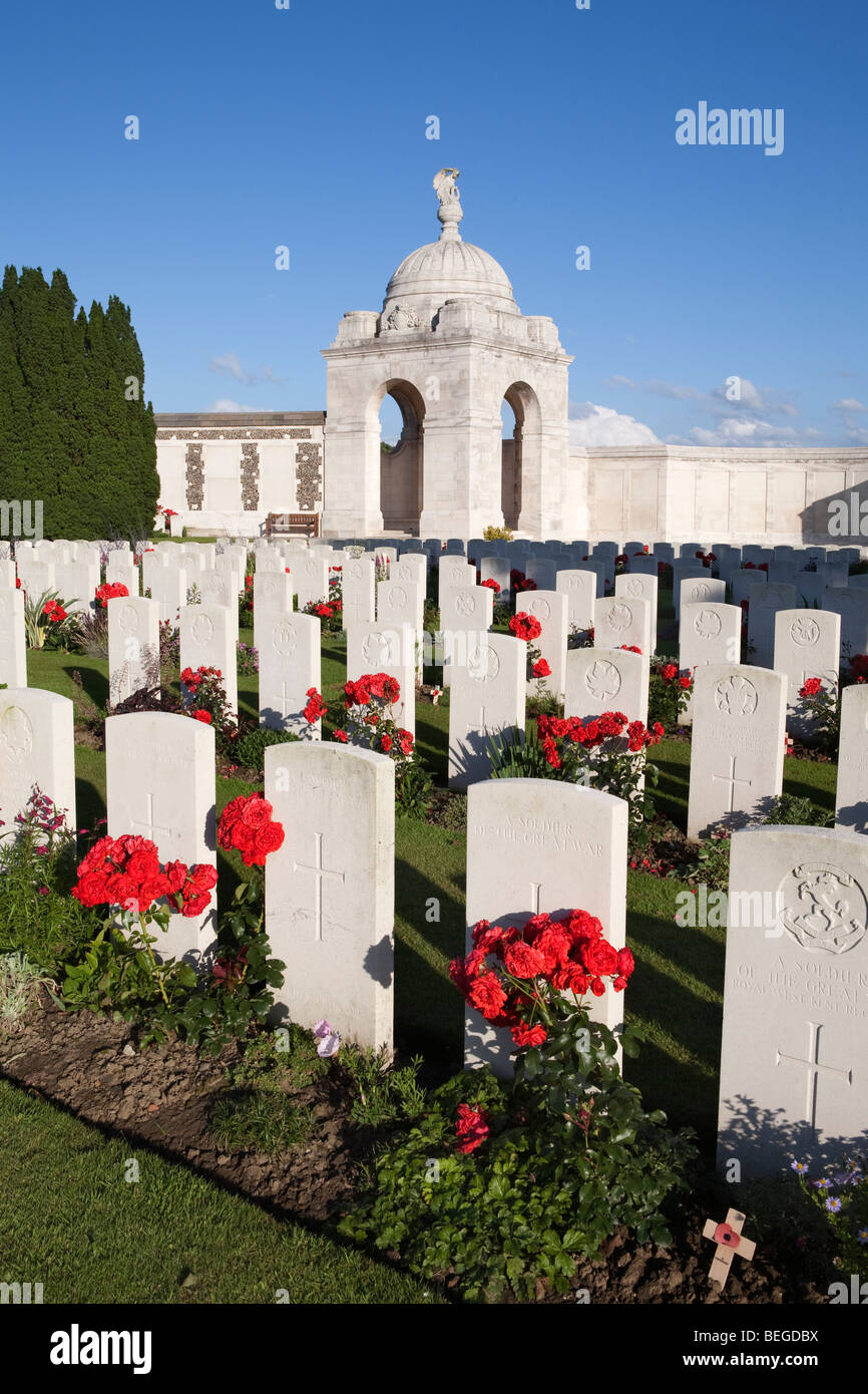 View over Tyne Cot Military Cemetery. First World War British cemetery with 11,856 white tombstones. Stock Photo