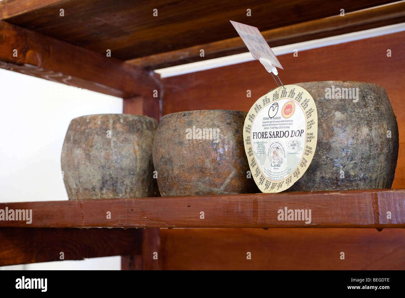 Cheese shop, Sardinia, Italy. Pecorino sardo DOP. Sardinian sheep's