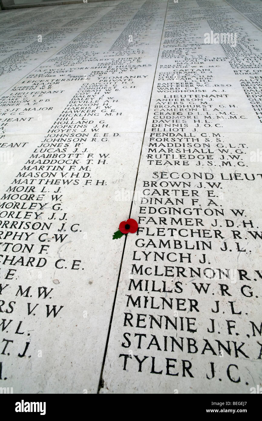 List of names of fallen British soldiers in the Menin Memorial Gate, containing names of 54,896 Britons who died in World War 1 Stock Photo