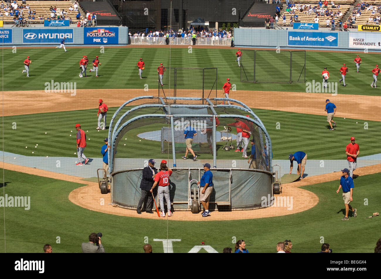 The visiting team takes batting practice at Dodger Stadium Stock Photo