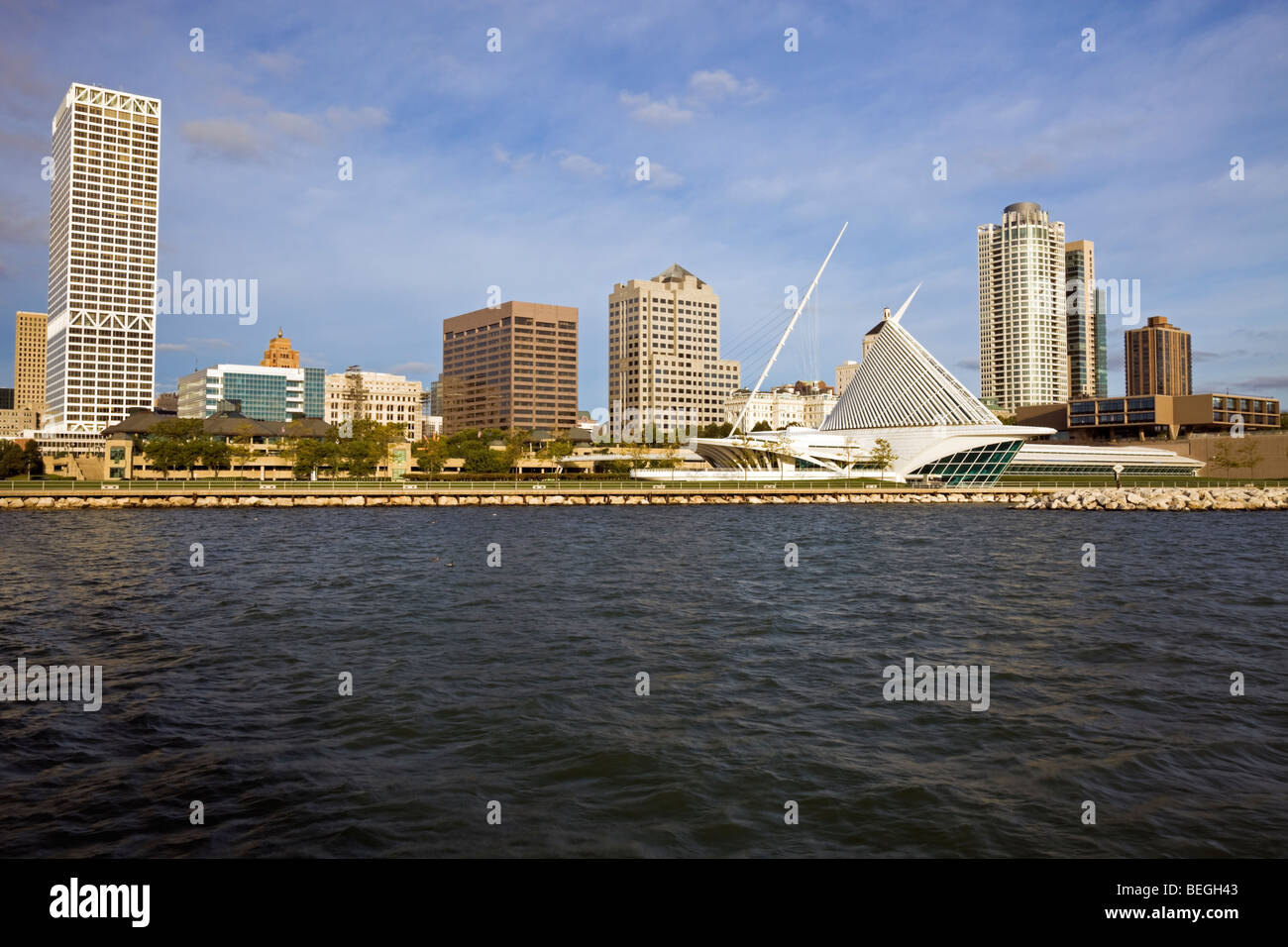 Panorama of Milwaukee with Lake Michigan in the foreground. Stock Photo