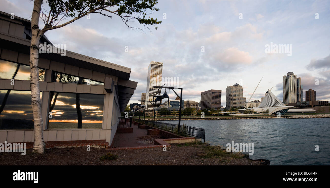 Sunrise reflected in window - Milwaukee, Wisconsin. Stock Photo