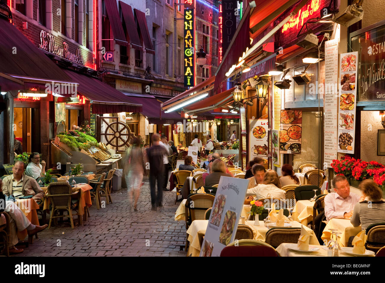 Tourist restaurants along the Rue des Bouchers at night. Stock Photo