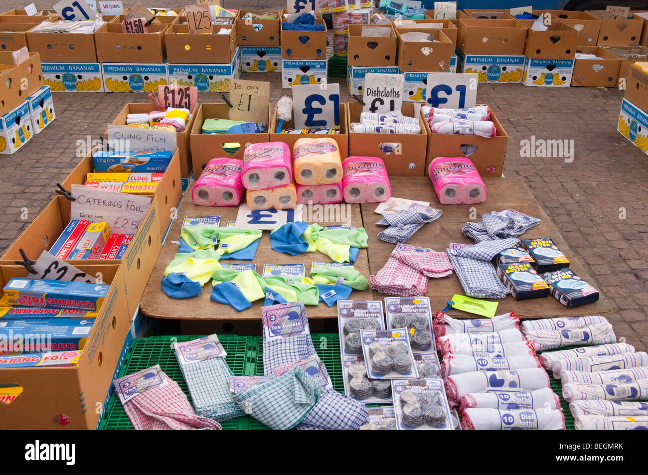 Everyday items for sale on a stall at the market in Great Yarmouth