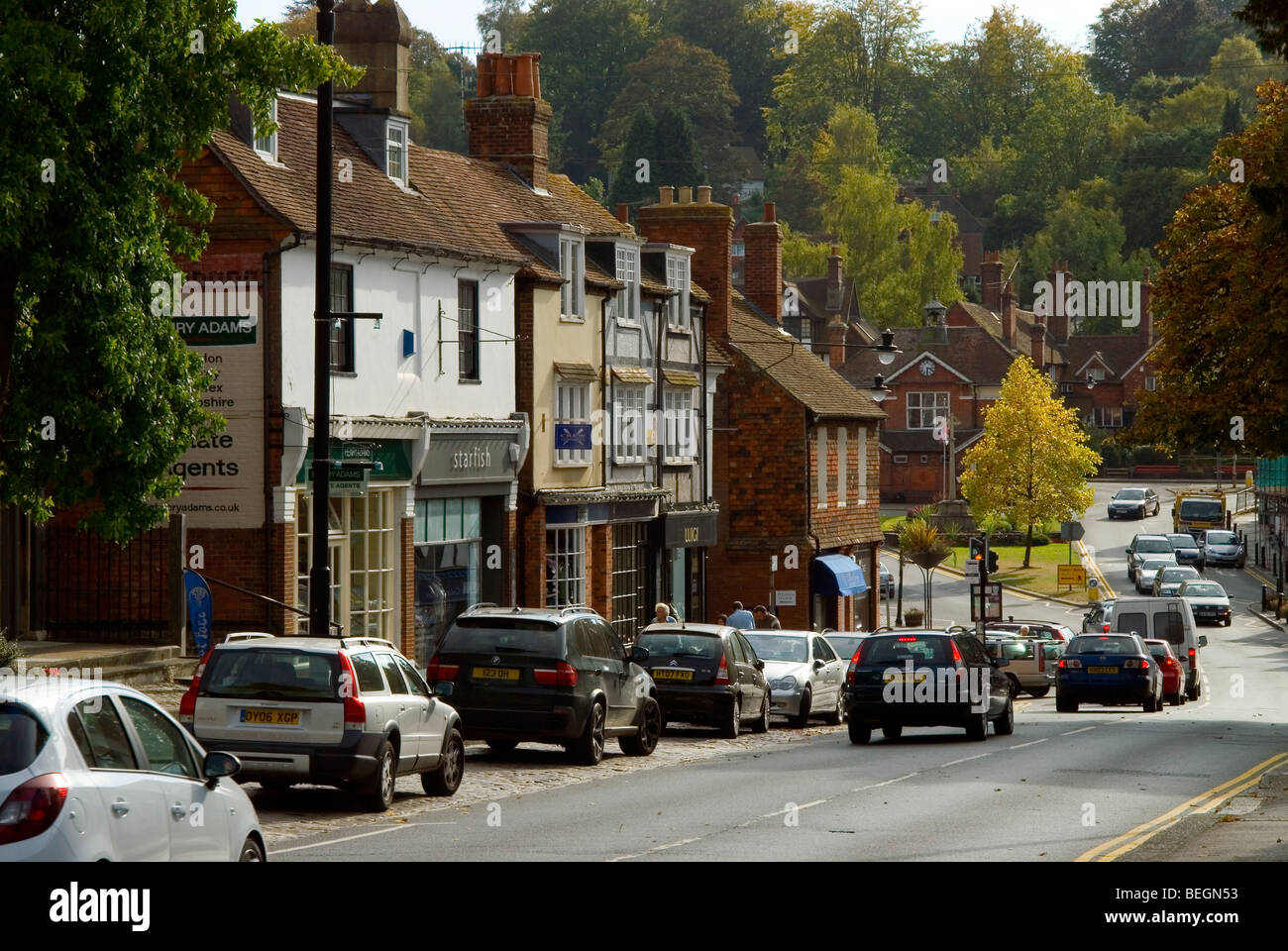 Landscape view of Haslemere town centre with town hall in the distance, Stock Photo